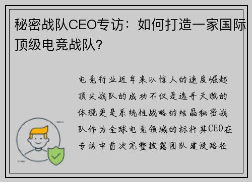 秘密战队CEO专访：如何打造一家国际顶级电竞战队？