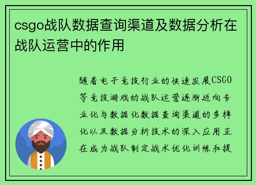 csgo战队数据查询渠道及数据分析在战队运营中的作用